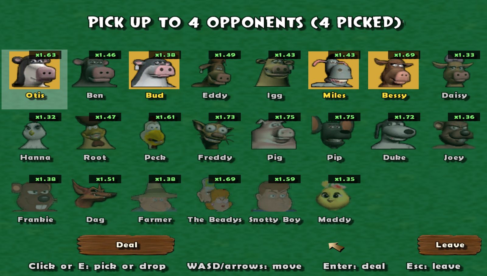 Opponent picker grid with portraits of Barnyard characters and their odds