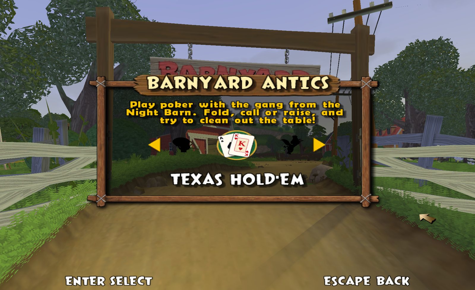 The Barnyard Antics minigame menu showing the new Texas Hold'em game