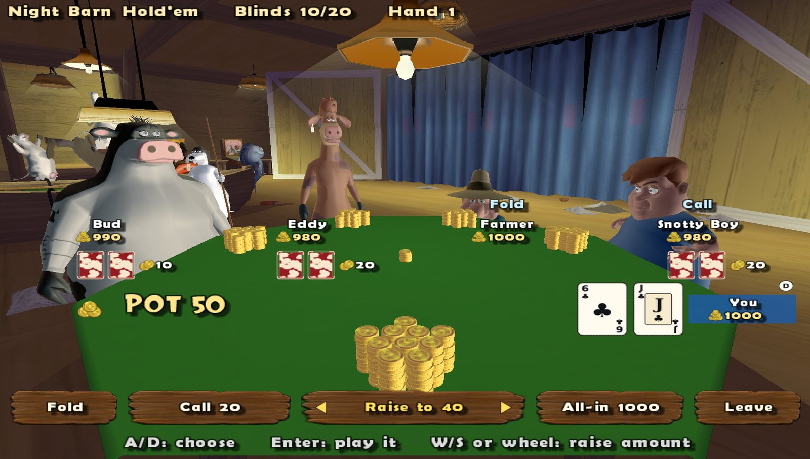 Night Barn Hold'em: Barnyard characters around a poker table with chips and cards, a new minigame added by the mod