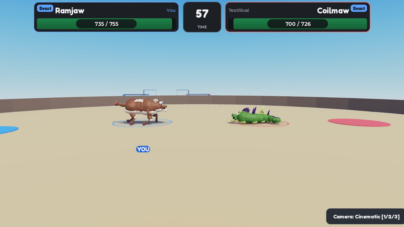 Two player-built monsters fighting in the Monster Duels arena